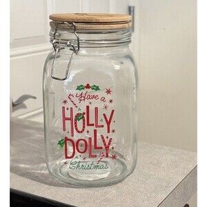 Dolly Parton Have a Holly Dolly Christmas Glass Jar w Wood Lid & Clamp 8”x4” NEW